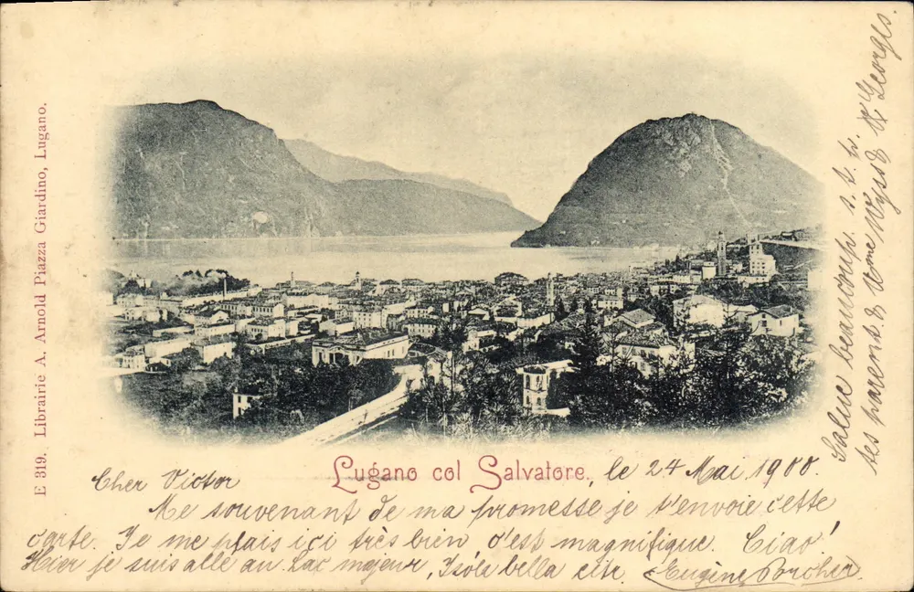 Lugano met de Salvatore — panoramische uitzicht op het meer — Boekhandel A. Arnold, Lugano, n° E 319 - Voorkant