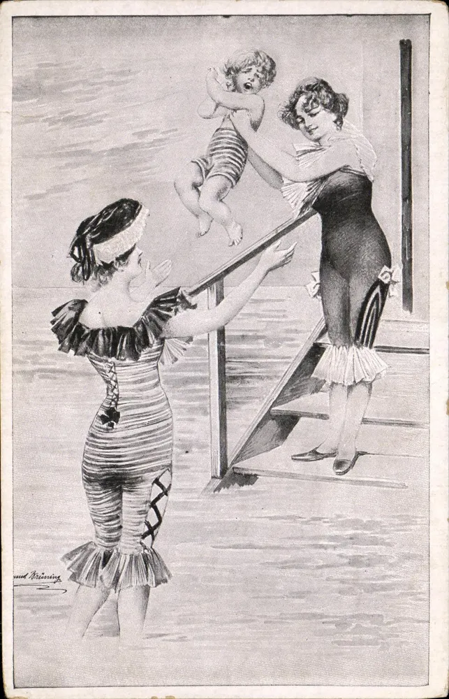 Zwei Frauen in Badeanzügen, die mit einem Kind spielen — Illustration von Rudolf Ströming — Verlag AU NÈGRE GOURMAND, Paris - Vorderseite