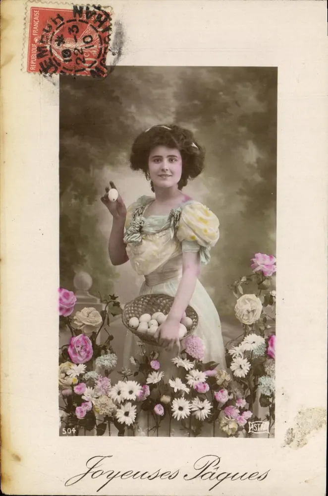 Junge Frau mit Ostereierkorb — 'Fröhliche Ostern' — Verlag MISTO, Nr. 504 - Vorderseite