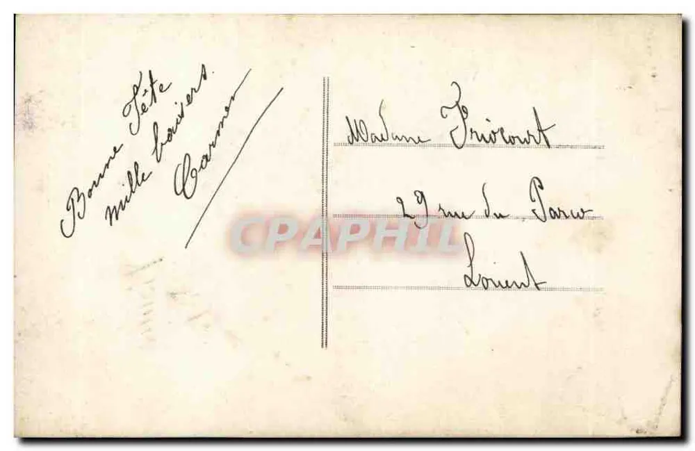 Frau in violettem Kleid — mit Blumenherz 'Bonne Fête' — Publ. Française n°399 - Rückseite