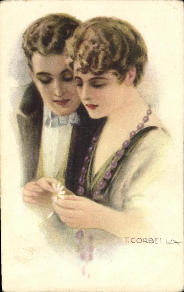 Junges Paar, das eine Blume betrachtet — T. Corbella — italienische Produktion - Vorderseite