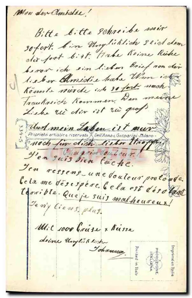 Ein Paar, das sich umarmt — romantische Illustration — T. Corbelle, italienischer Verleger - Rückseite