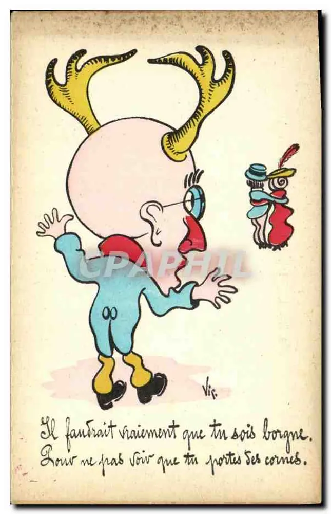 Figur mit Hörnern — humoristische Karikatur — französische Produktion "R. R." Paris - Vorderseite