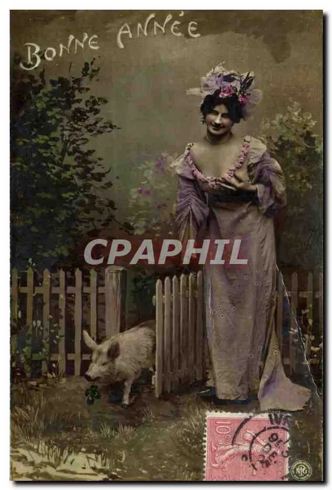 Frau und Schwein — Frohe Neujahr — Oranotypie, Stéglitz 1904 - Vorderseite