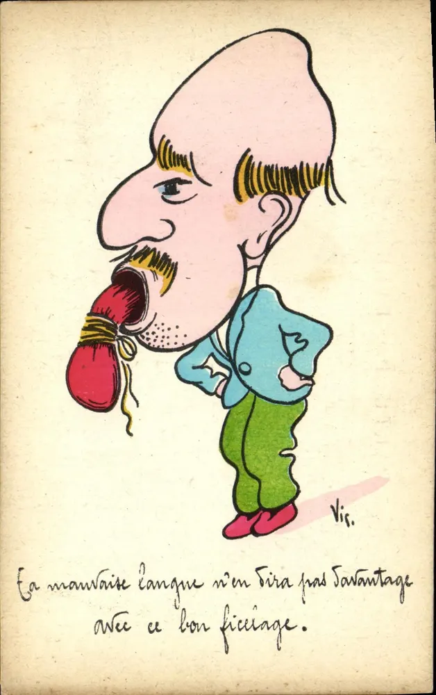 Karikatur eines Boxers — 'Die schlechte Zunge wird hiermit kein Vorteil haben, bei diesem guten Trick' — Vis. (unterzeichnet) — Verleger 'E.R.' Paris - Vorderseite