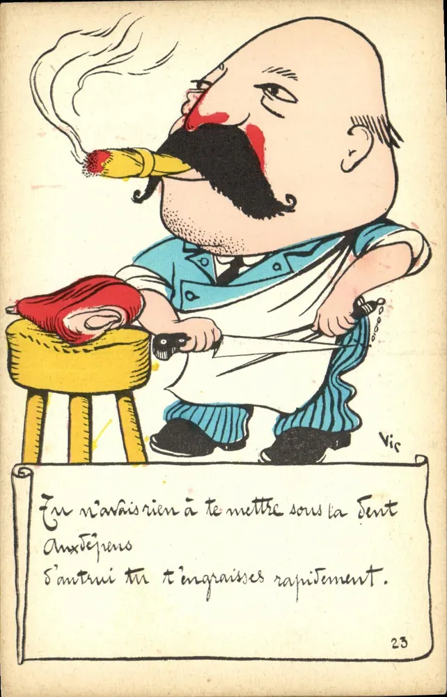 Charcutier caricatural — caricatura de um homem com bigode e charuto — editor Vic, n° 23 - Frente