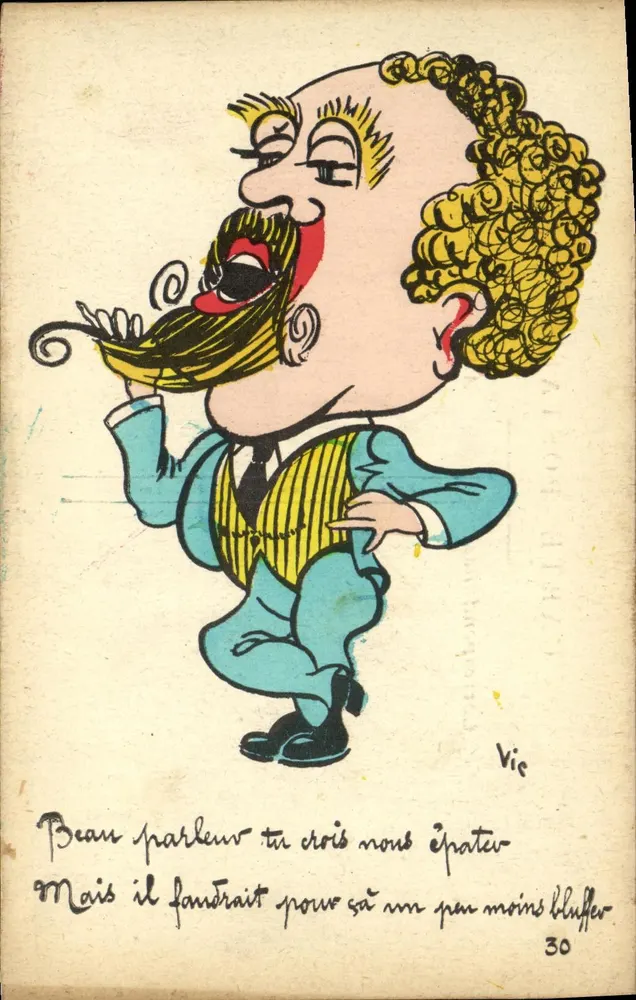 Karikatur eines Mannes mit Schnurrbart — gedruckter und handschriftlicher Text — Verlag 'Vie' n°30 - Vorderseite