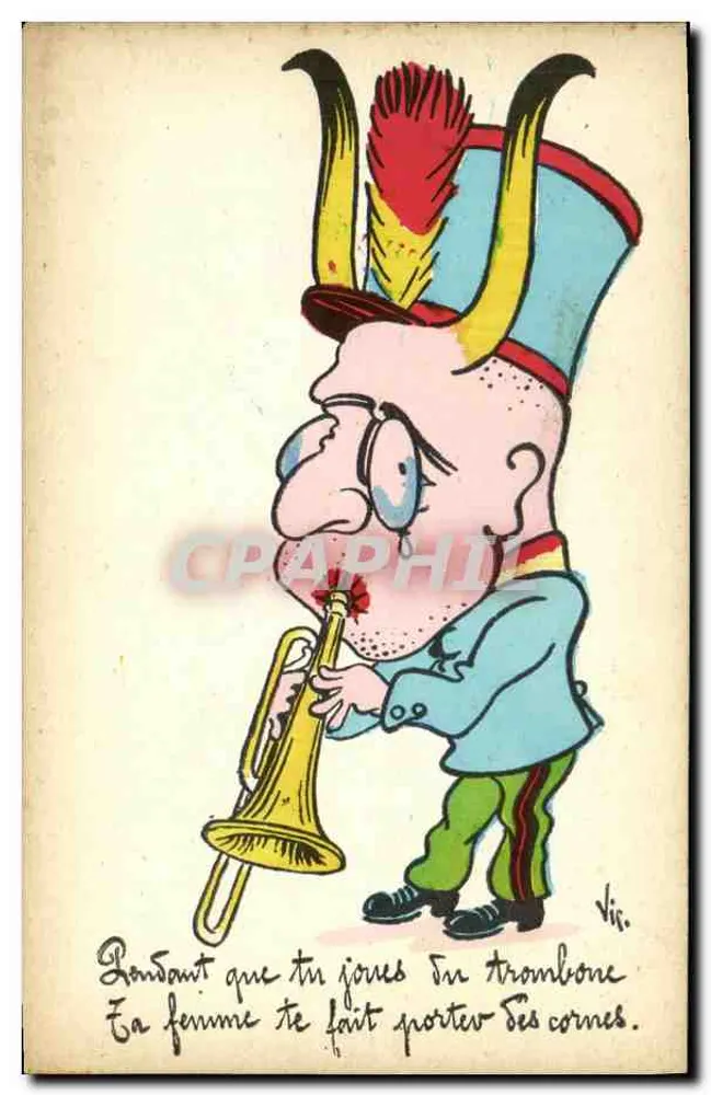 Mann in Clownerkleidung, der eine Trompete spielt — Karikatur — Ansicht (Verlag) - Vorderseite