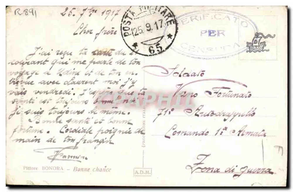 Femme en robe fourrée — scène de carte postale italienne — éditeur Pittore BONORA — n° de série R891 - Rückseite