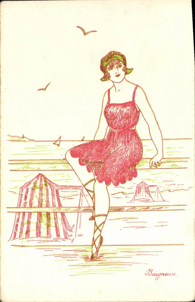 Frau im Badeanzug — Strand mit Hütten — Baigneise - Vorderseite