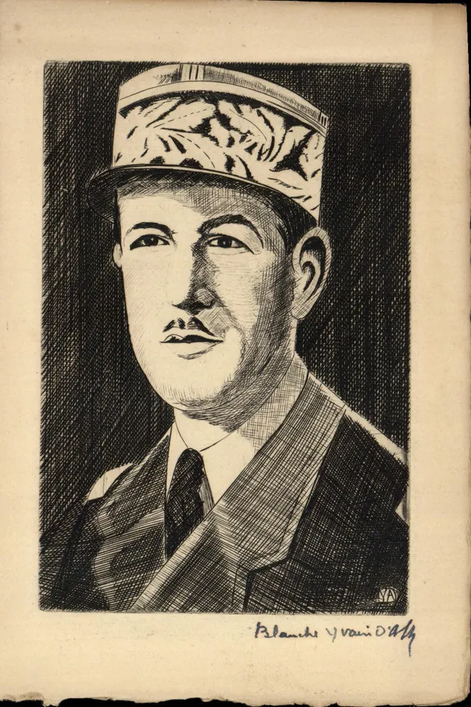 Retrato de Philippe Pétain — gravura assinada Blanche Yvan D'Ally — editor desconhecido - Frente