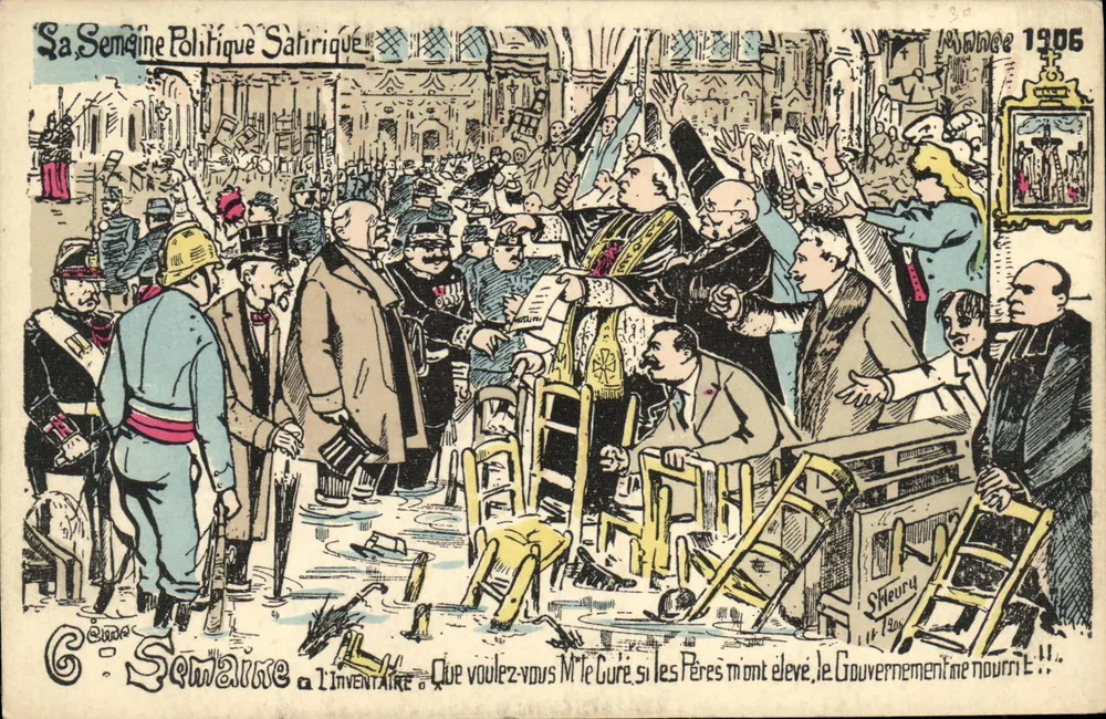 Politische satirische Szene — 'Was wollen Sie, Herr Pfarrer, wenn die Väter aufsteigen, das Regime speist nicht!' — Verleger St. Heurey, n° 1300, Jahr 1906 - Vorderseite
