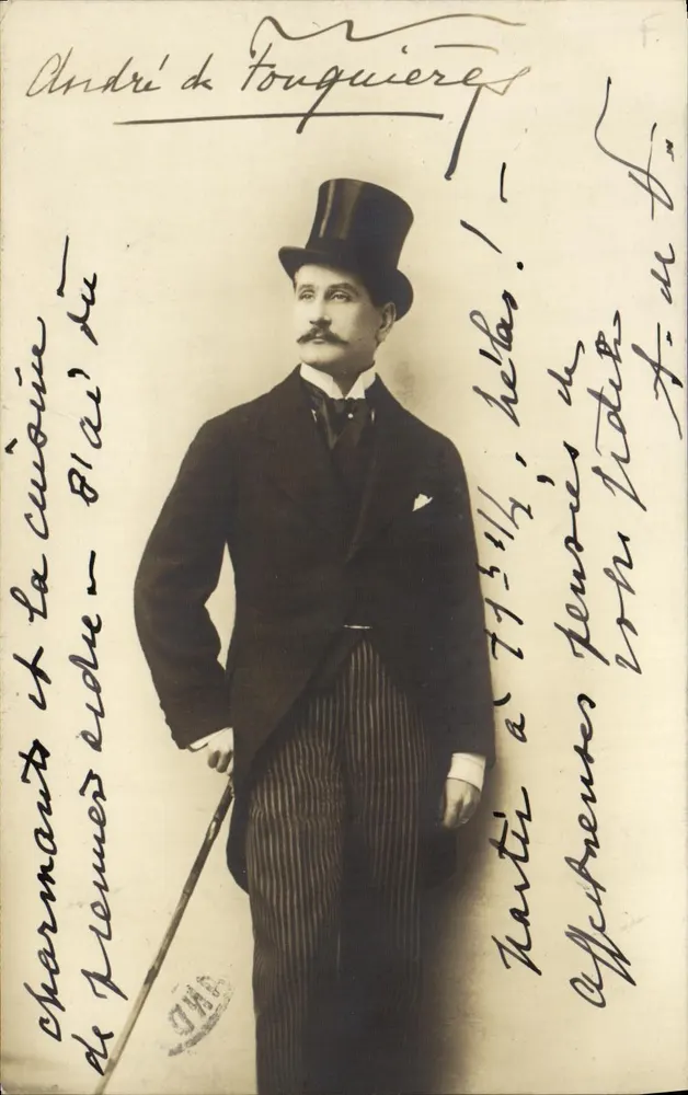 André de Fouquières — Portrait in theatralischem Kostüm — Autogrammierte Karte - Vorderseite
