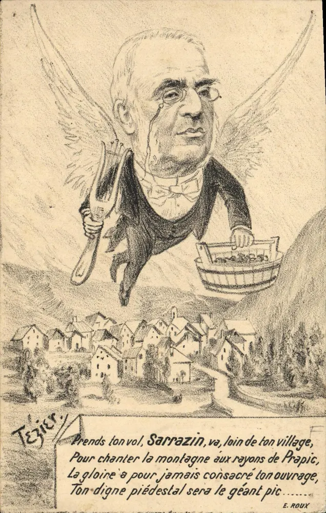 Sarrazin — Karikatur eines geflügelten Mannes mit Korb und Gabel — E. Roux - Vorderseite
