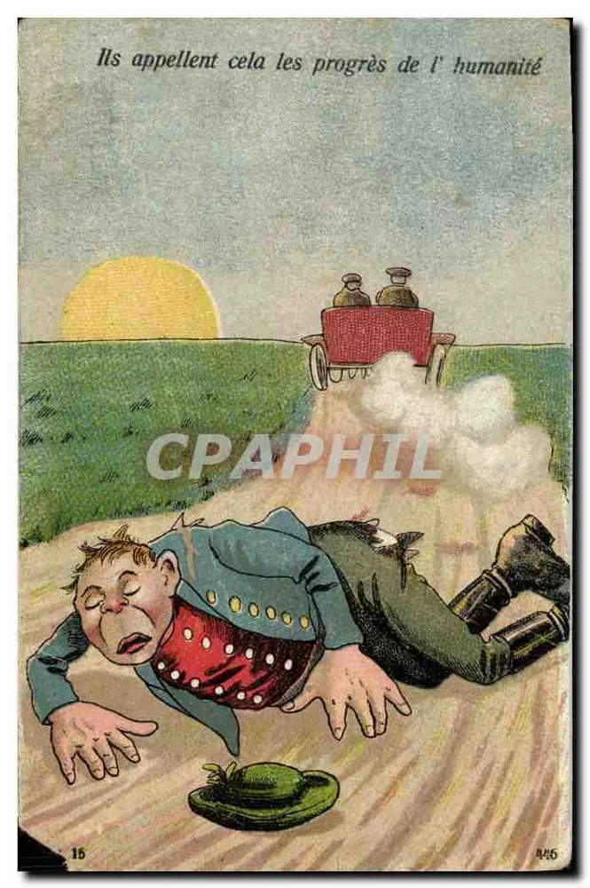 Carte satirique — homme écrasé par un train — éditeur imprimeur non visible, n° 4/46 - Frente