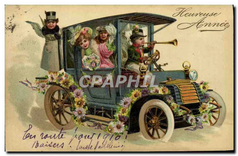 Automóvel decorado com flores — Feliz Ano 1910 — série 7936, impressa na Alemanha - Frente
