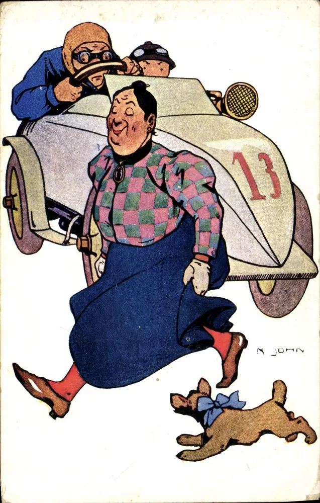 Frau in einem Auto — humorvolle Illustration — M. JOHN - Vorderseite