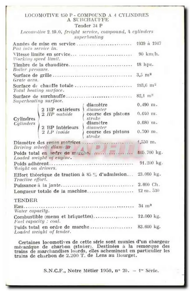 Locomotive 150 P - Compound 4-cylindrowa — S.N.C.F., Nasz zawód 1950, n° 20 - 1. seria - Rewers