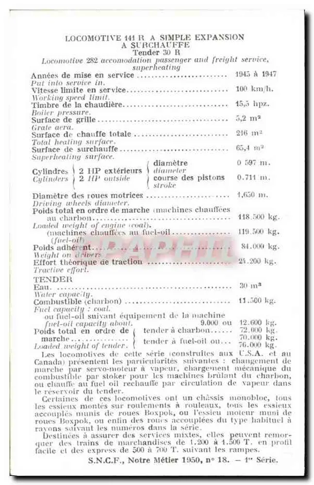 Locomotiva 282 a sobrecarga — S.N.C.F., Nosso Ofício 1950, n° 18 — 1ª série - Verso
