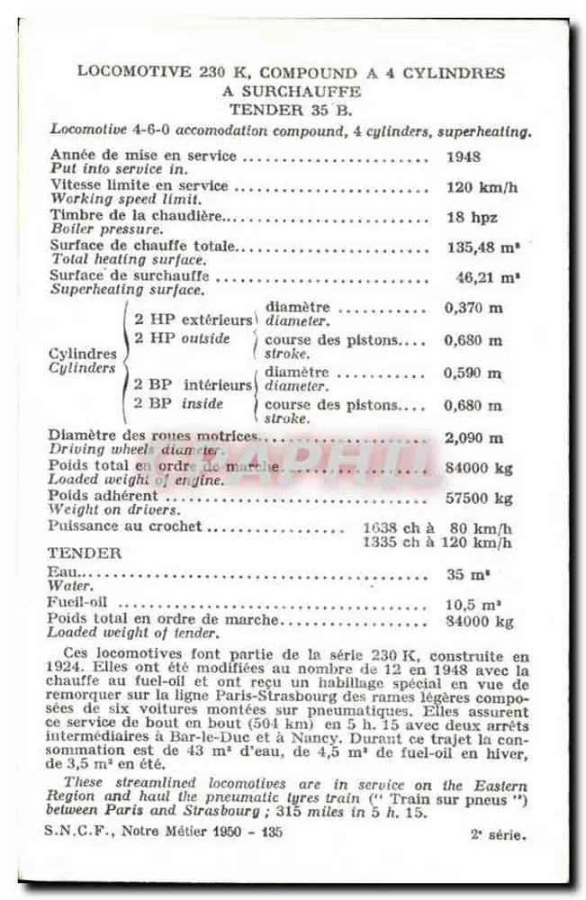 Locomotiva 230 K — Compound a 4 cilindros — S.N.C.F. — 2ª série - Verso