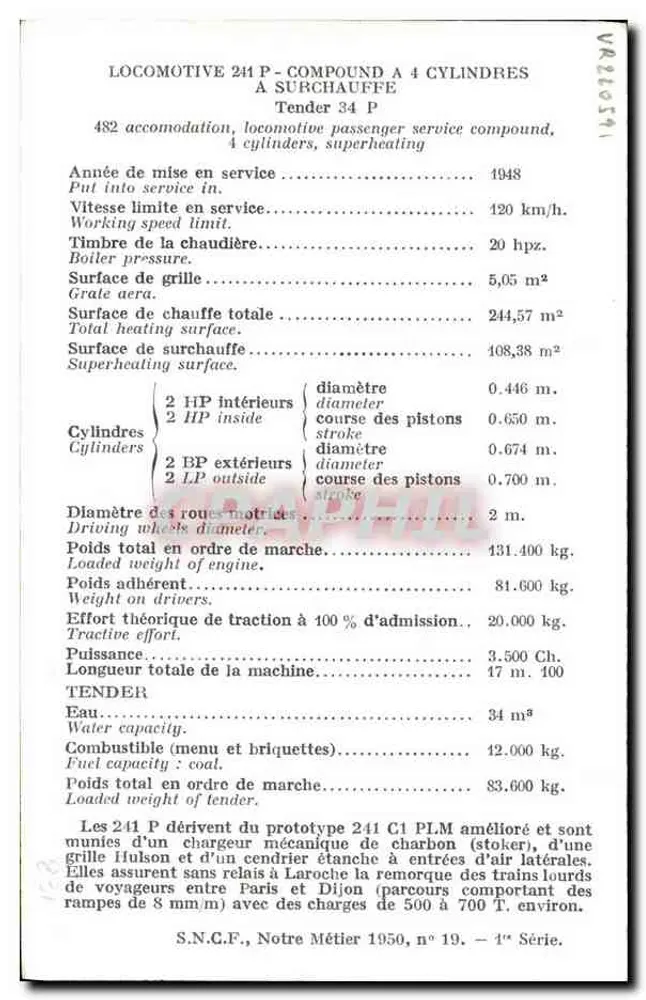 Locomotive 241 P z 4 cylindrami — S.N.C.F., seria 19 — n° 19 - Rewers