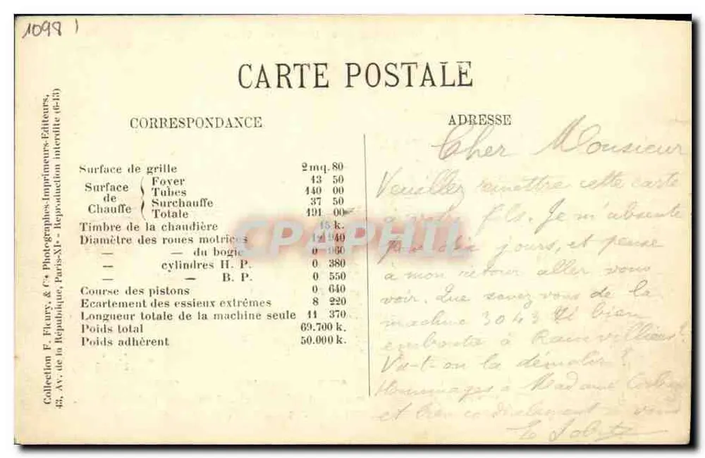 Locomotiva francesa n° 230-653 — série 230-621 a 230-705 — editor F. Fiaury & Cie - Verso