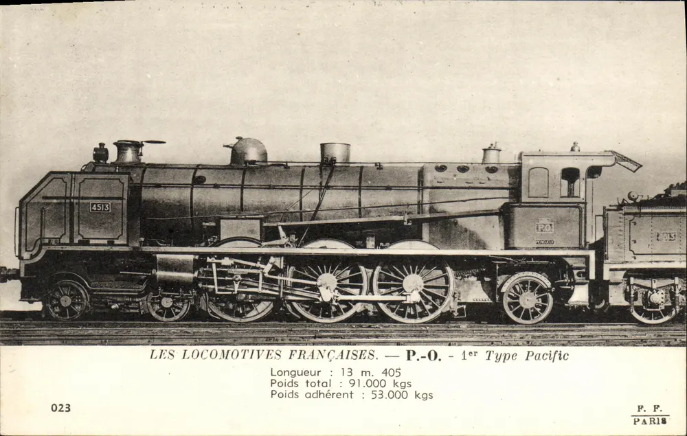 Locomotiva P.O. - 1º Tipo Pacific — As locomotivas francesas — F. Fleury, Paris, n° 023 - Frente