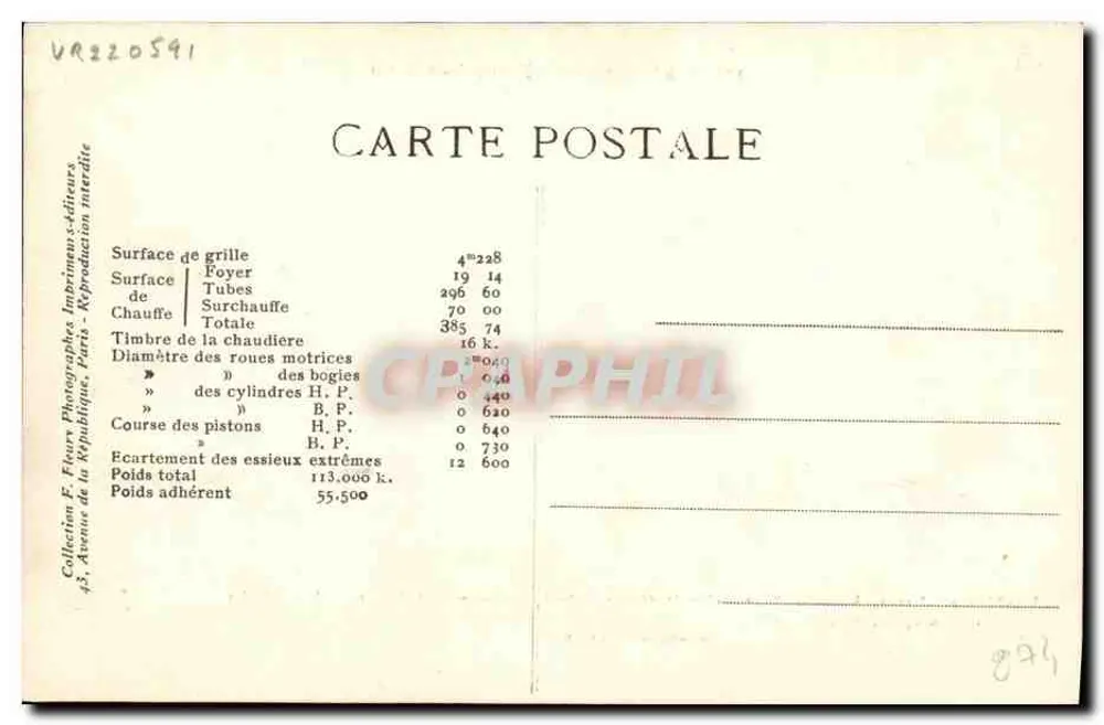 Locomotiva francesa n° 3-1101 — Norte — F. F. Paris - Verso