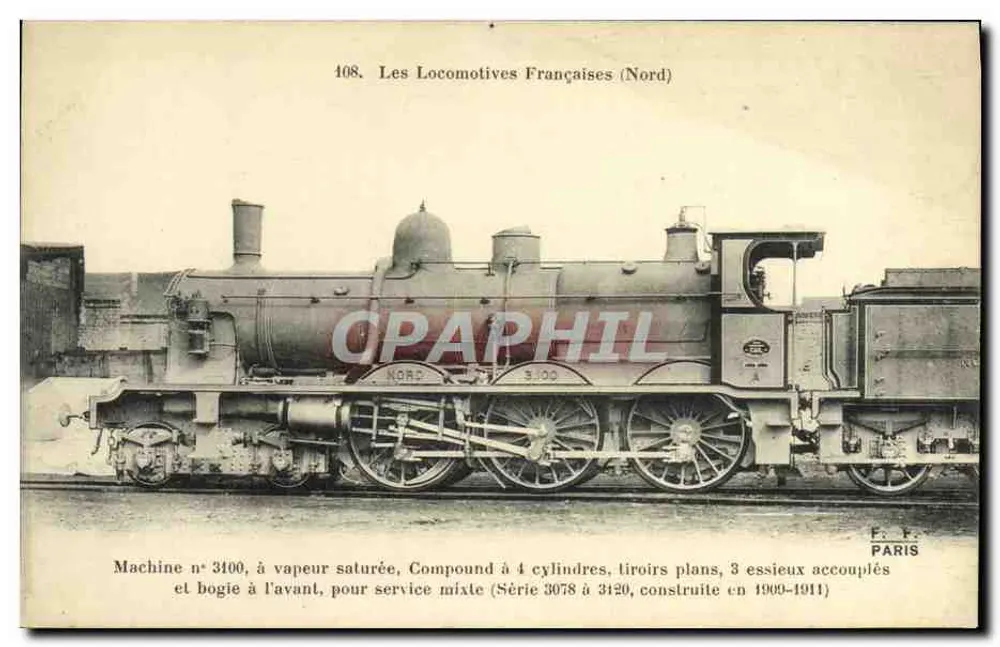 Locomotiva n° 3100 — Máquina a vapor saturada, Compound a 4 cilindros, 3 eixos acoplados — F. Fiéruy, Paris - Frente