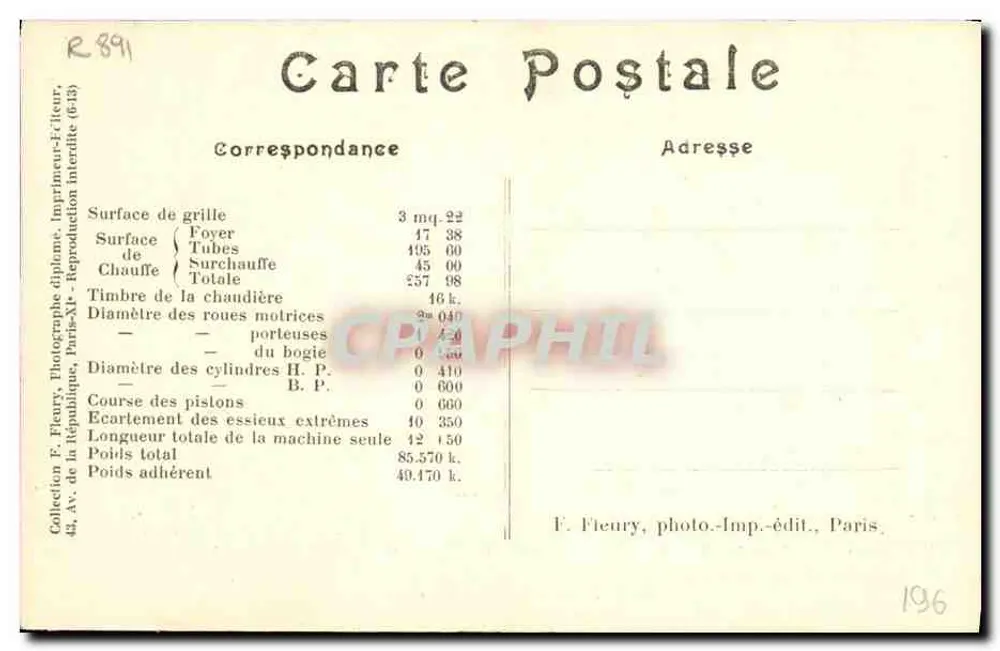 Locomotiva a vapore tipo 'Pacific' — Macchina n°3-1166 — F. Fleury, Parigi - Verso