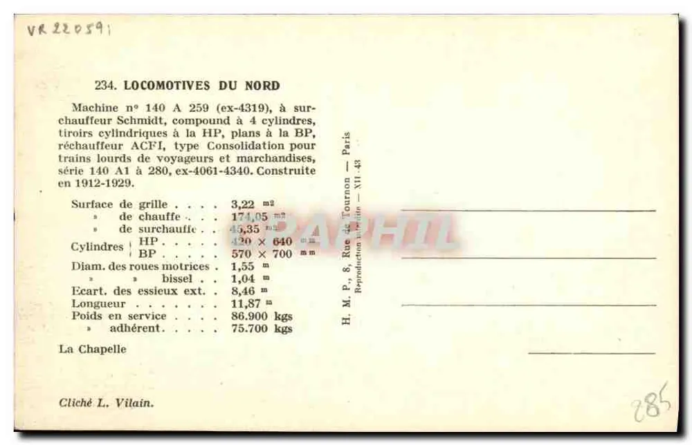 Dampflokomotive Nr. 140 A 259 — Serie 140 A1 bis 280 — H.M.P., Paris - Rückseite
