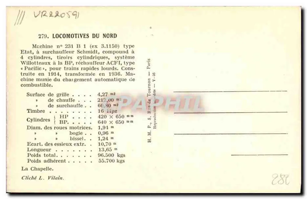 Dampflokomotive Nr. 231 B 1 — Typ Pacific — Verlag H.M.P., Paris — Seriennummer 279 - Rückseite
