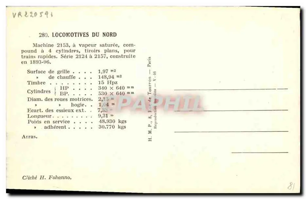 Locomotiva a vapor Nord 2.153 — Série 2124 a 2157 — H.M.P., Paris - Verso