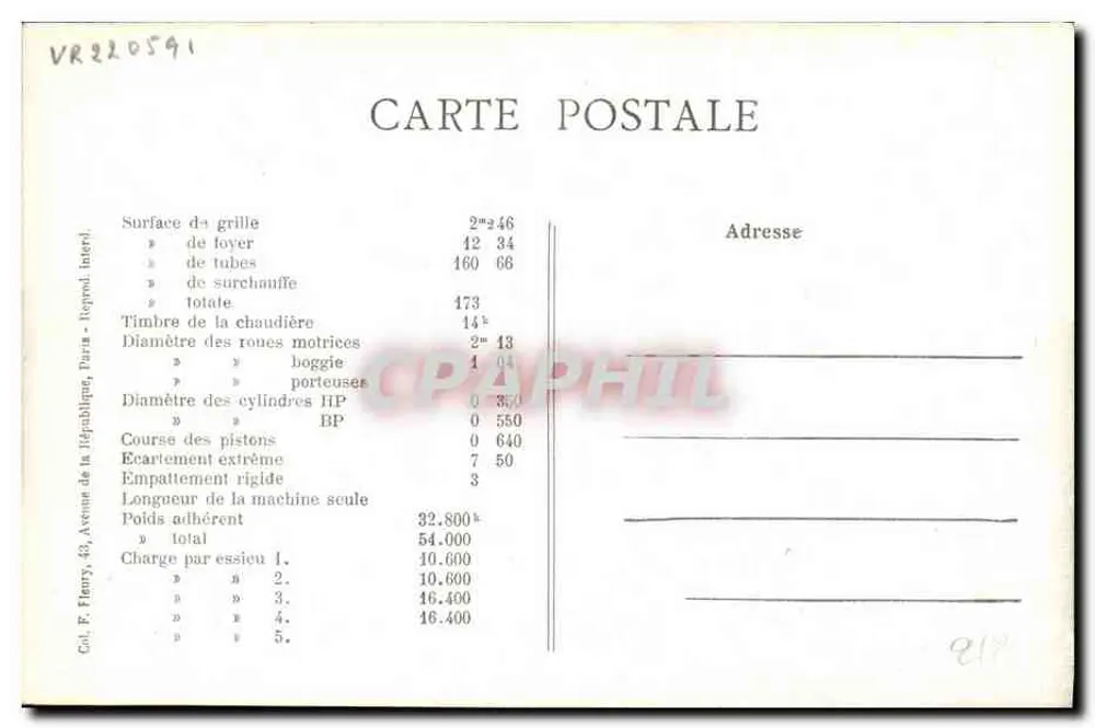 Locomotiva francesa N° 1760 — Midi — F. F. PARIS - Verso