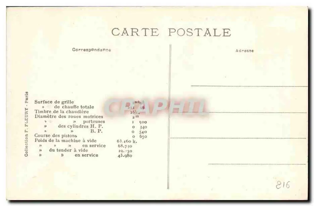 Locomotiva composta, tipo "Atlântico" — P.U.M. — Coleção F. FLEURY - Paris - Verso