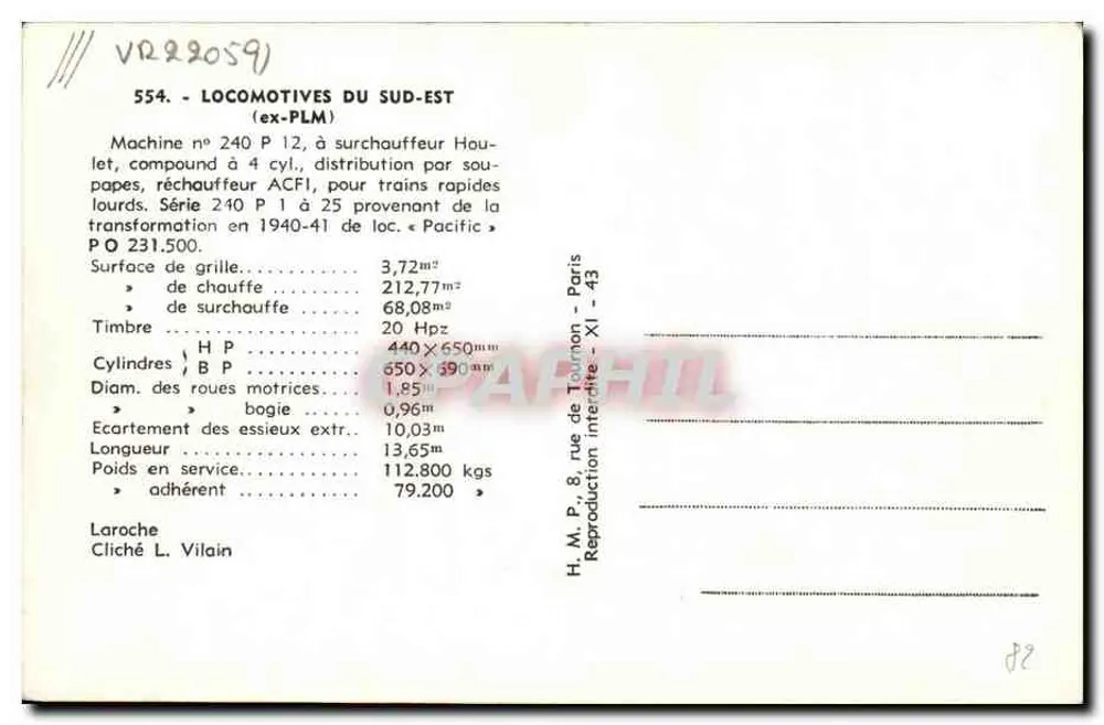 लोकोमोटिव P 12 नंबर 240 — दक्षिण-पूर्व (पूर्व में पीएलएम) — एच.एम. पी., 8 रूज़ डी टूर्नॉन - एक्सआई - 43 - पीछे