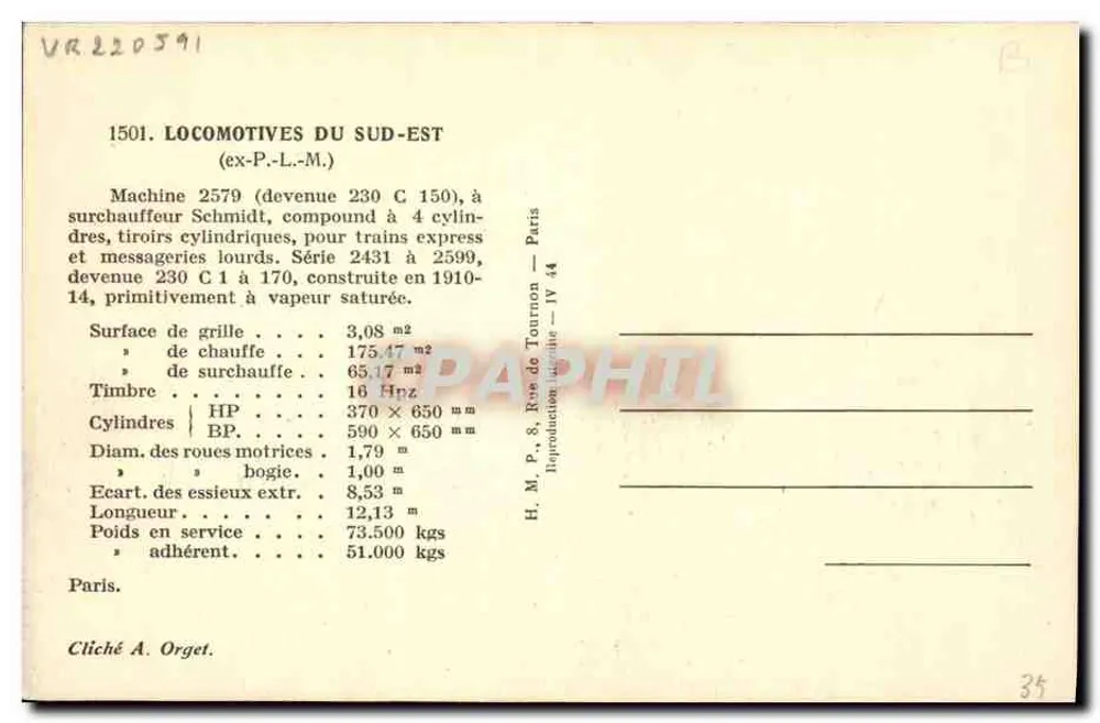 Dampflokomotive — Maschine 2579 (wurde 230 C 150) — H. M. P., Paris - Rückseite