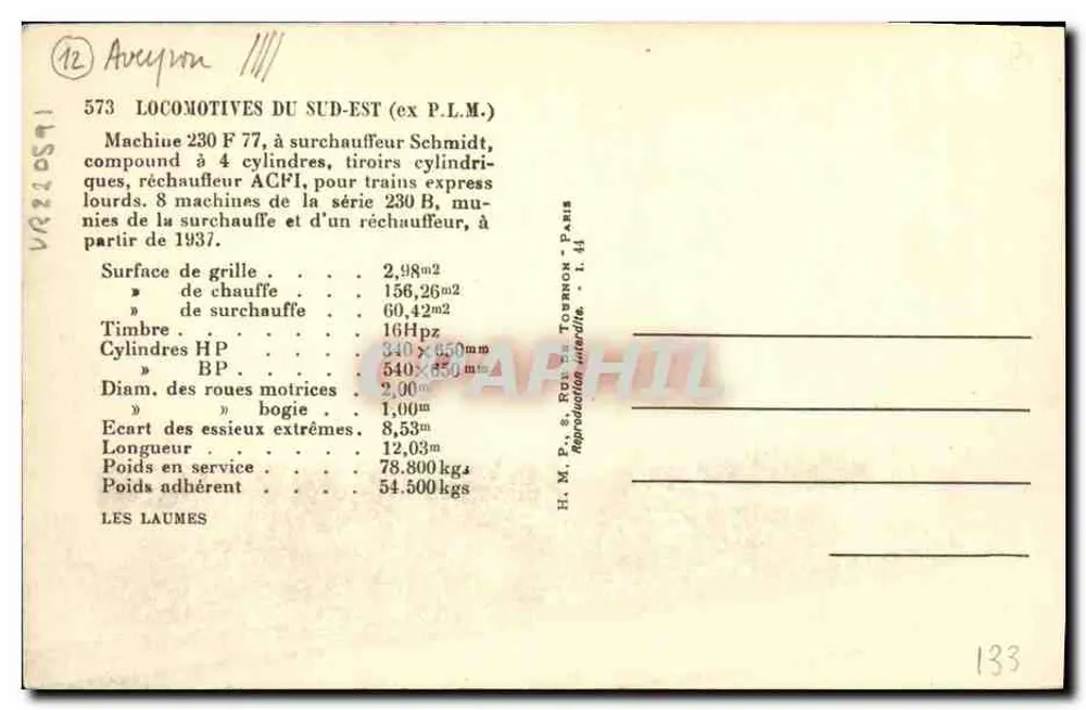 로코모티브 230 F 77 — 시리즈 230 B — H.M. & R. 투르논, 파리 - 뒷면