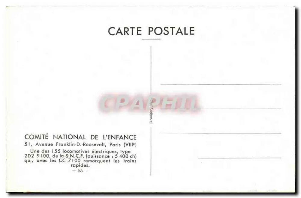Locomotiva elétrica 2D2 9100 — S.N.C.F. — COMITÉ NATIONAL DE L'ENFANCE - Verso