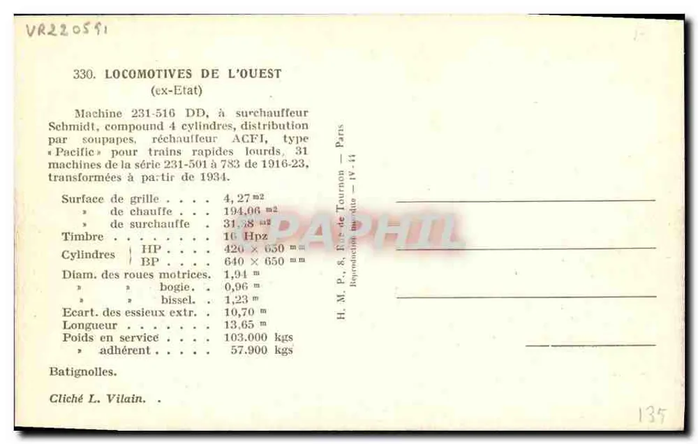 Locomotiva 231-516 DD — Locomotivas do Oeste — H. M. P., Paris - Verso