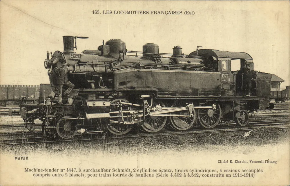 Maszyna-tender nr 4447 — lokomotywa z nadgrzejnikiem Schmidt, seria 4.402 do 4.512 — zdjęcie E. Chavin, Verneuil-l'Étang - Awers