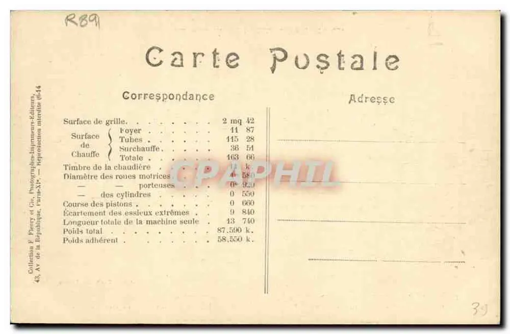 Maszyna-tender nr 4447 — lokomotywa z nadgrzejnikiem Schmidt, seria 4.402 do 4.512 — zdjęcie E. Chavin, Verneuil-l'Étang - Rewers