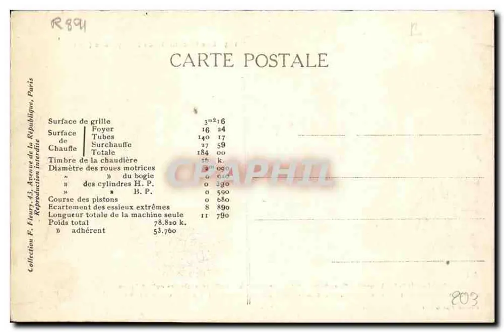 Locomotiva n° 3184 — Locomotivas francesas (Est) — F. F. Paris - Verso