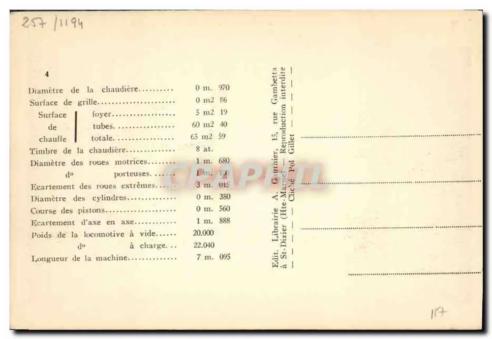 Dampflokomotive n°16 « La Ville de St-Avold » — Gesellschaft L'Expansion, Mulhouse, 1847 — Ausgabe n°4 (Serie 1 bis 25) - Rückseite