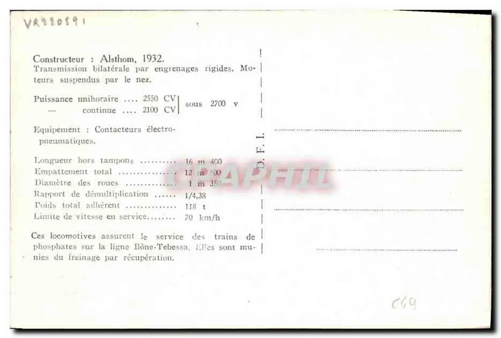 Locomotiva elétrica tipo Co-Co — Série 6 AE 1001 a 1030 — Chemins de fer algériens de l'État — n° E 98 - Verso