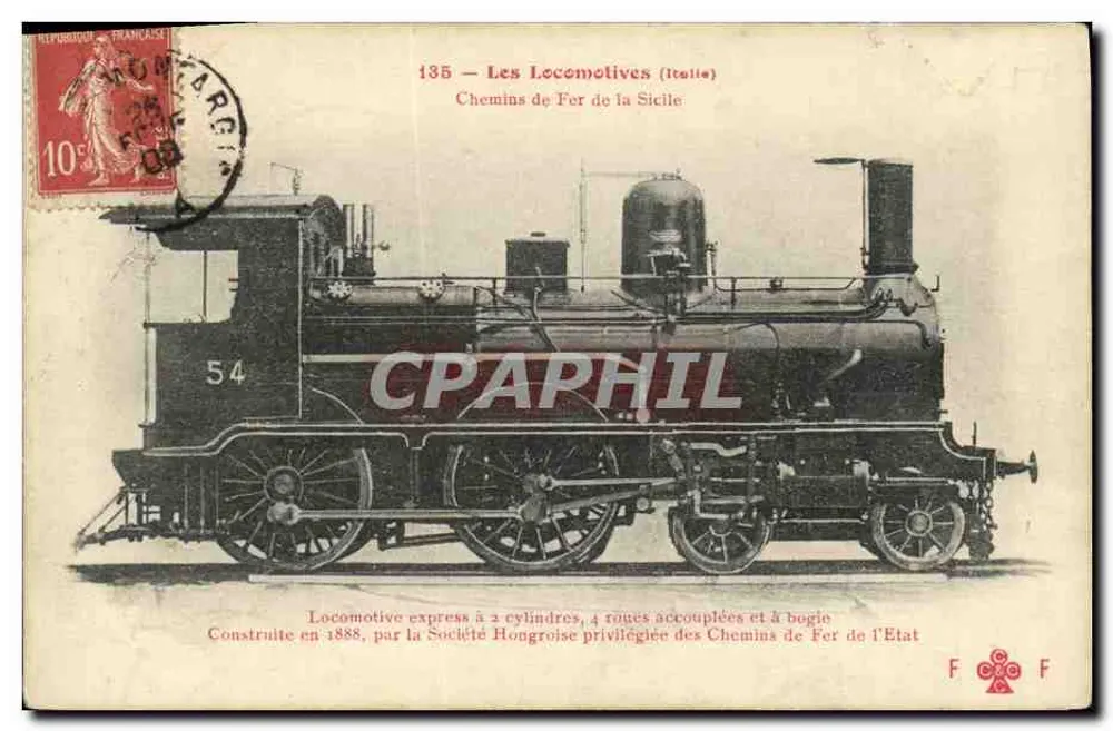 Zweizylinder-Lokomotive, vier gekuppelte Räder und Aufhängung — Sicilianische Eisenbahnen — Nr. 135 - Vorderseite