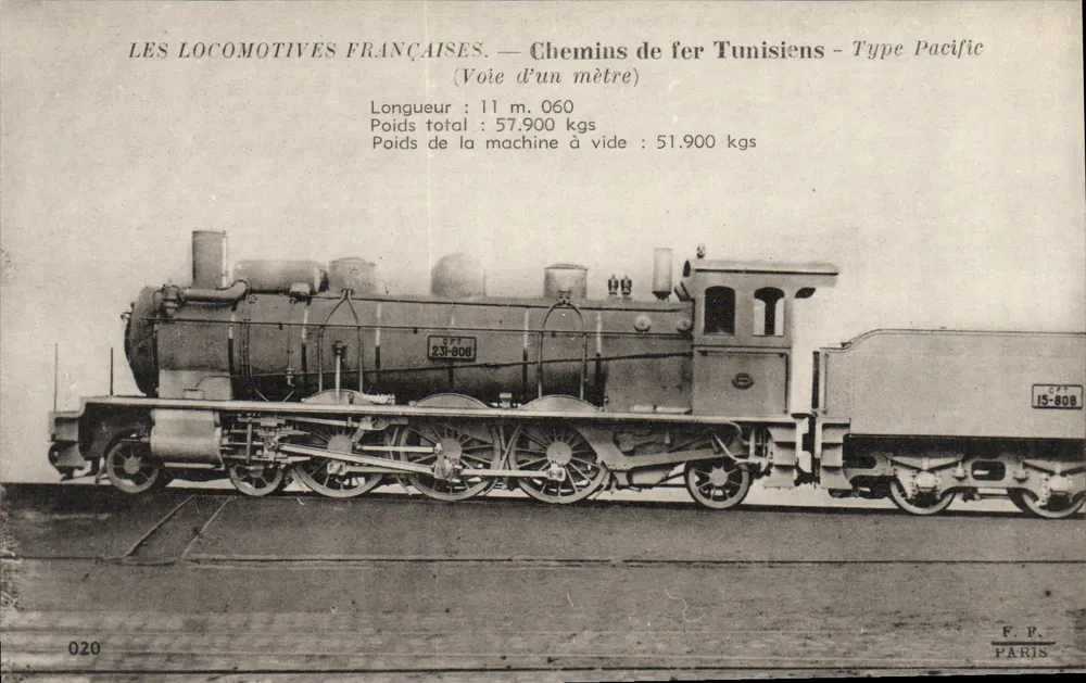 Französische Lokomotive — tunesische Eisenbahnen — Typ Pacific — Meter-Gleis — n°020 - Vorderseite