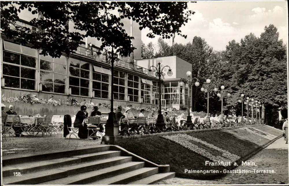 Frankfurt a. Main — Ansicht des Palmengarten-Gaststätten-Terrasse — Trinks & Co., Leipzig, Nr. 158 - Vorderseite