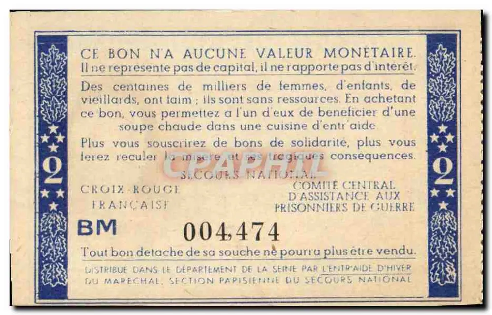 Bilhete de Solidariedade — 2 francos — Croix-Rouge Française, Comité Central d'Assistance aux Prisonniers de Guerre - Verso
