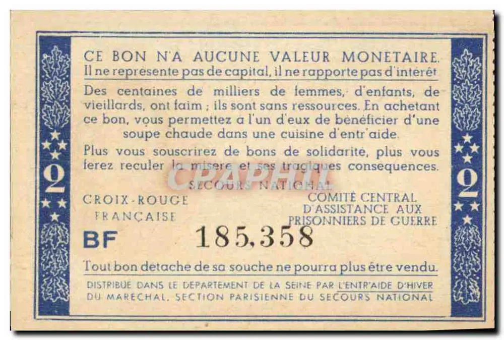 Bilhete de Solidariedade — 2 francos — Cruz Vermelha Francesa, Comitê Central de Assistência aos Prisioneiros de Guerra - Verso